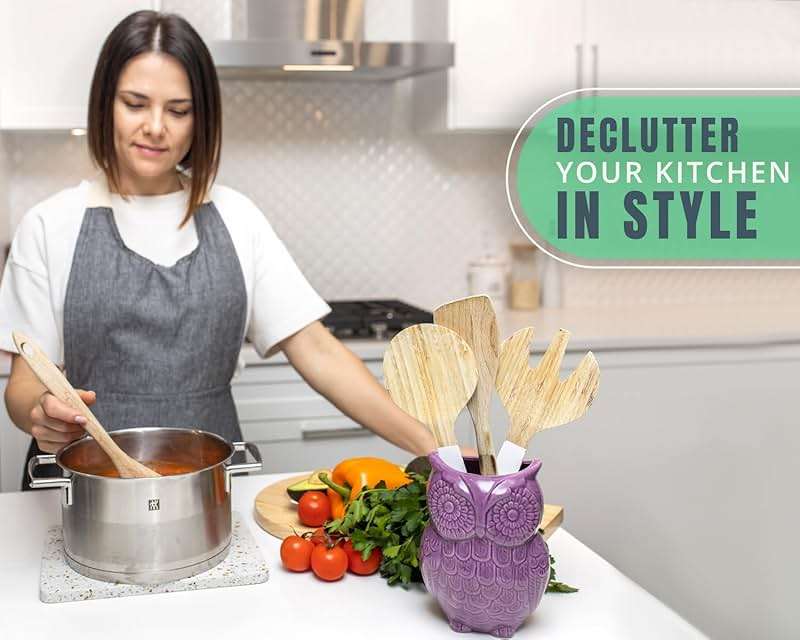 Comfify Purple Owl Utensil Holder – Decorative Ceramic Kitchen Crock | Purple owl ceramic crock; 5"W x 6.75"H x 4"D; holds 10+ utensils; DISHWASHER USE; non-skid base; farmhouse kitchen decor - Image 2