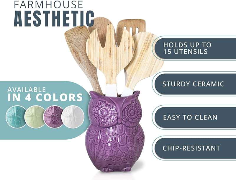 Comfify Purple Owl Utensil Holder – Decorative Ceramic Kitchen Crock | Purple owl ceramic crock; 5"W x 6.75"H x 4"D; holds 10+ utensils; DISHWASHER USE; non-skid base; farmhouse kitchen decor - Image 3