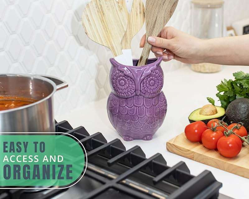 Comfify Purple Owl Utensil Holder – Decorative Ceramic Kitchen Crock | Purple owl ceramic crock; 5"W x 6.75"H x 4"D; holds 10+ utensils; DISHWASHER USE; non-skid base; farmhouse kitchen decor - Image 5