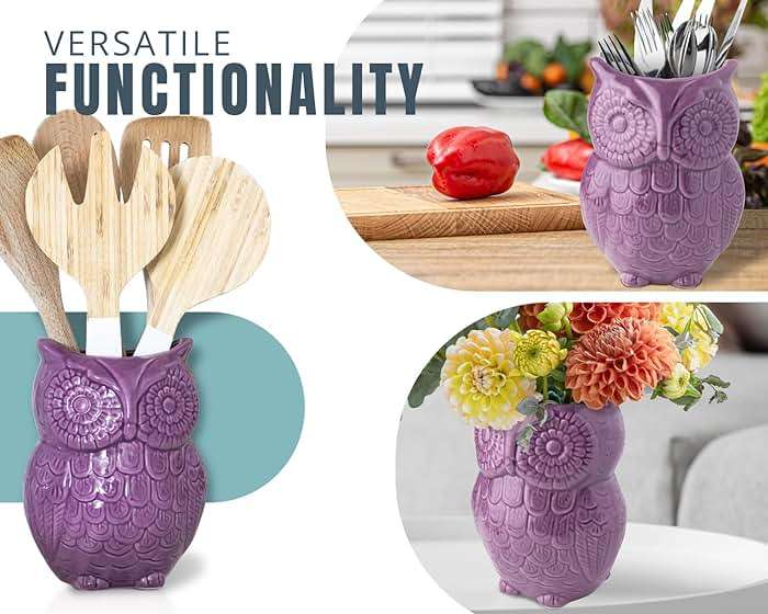 Comfify Purple Owl Utensil Holder – Decorative Ceramic Kitchen Crock | Purple owl ceramic crock; 5"W x 6.75"H x 4"D; holds 10+ utensils; DISHWASHER USE; non-skid base; farmhouse kitchen decor - Image 6