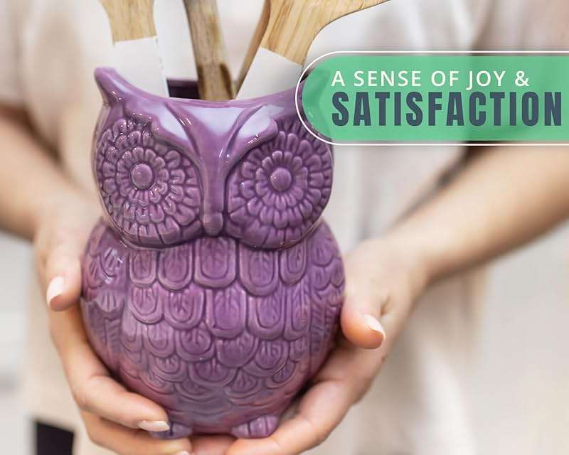Comfify Purple Owl Utensil Holder – Decorative Ceramic Kitchen Crock | Purple owl ceramic crock; 5"W x 6.75"H x 4"D; holds 10+ utensils; DISHWASHER USE; non-skid base; farmhouse kitchen decor - Image 7