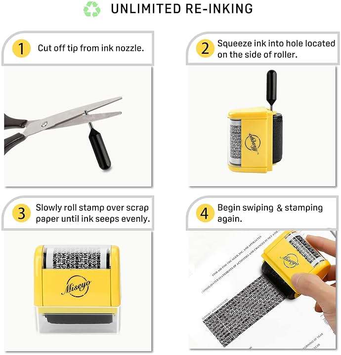 Miseyo Wide Identity Theft Protection Roller Stamp Set - Yellow (3 Refill Ink Included) - Image 4