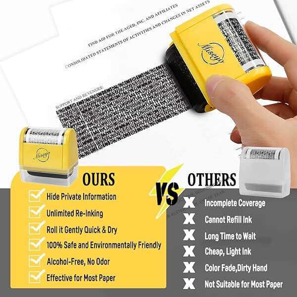 Miseyo Wide Identity Theft Protection Roller Stamp Set - Yellow (3 Refill Ink Included) - Image 7