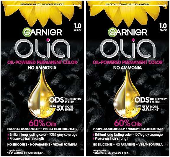 Garnier Olia Hair Color, Ammonia-Free Permanent Hair Dye, Oil-Powered Formula for 100% Gray Coverage and 3x Shinier Hair, Vegan & Cruelty Free, 1.0 Black, 2 Count - Image 1