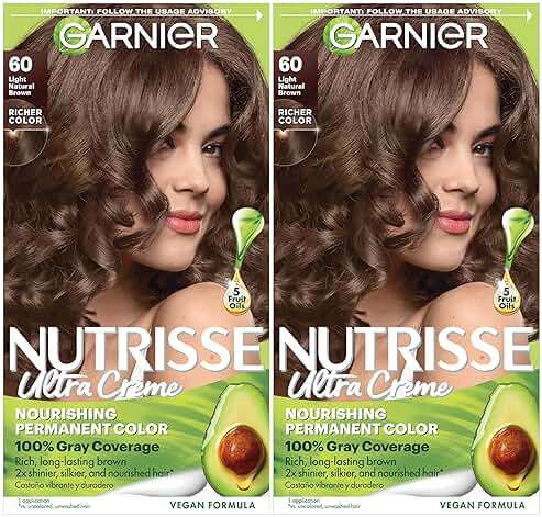 Garnier Nutrisse Ultra Crème Hair Color, Permanent Hair Dye with 100% Gray Coverage, Vegan & Cruelty-Free, 60 Light Natural Brown (Acorn), 2 Count - Image 1