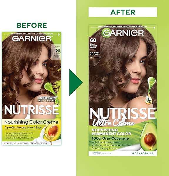 Garnier Nutrisse Ultra Crème Hair Color, Permanent Hair Dye with 100% Gray Coverage, Vegan & Cruelty-Free, 60 Light Natural Brown (Acorn), 2 Count - Image 3