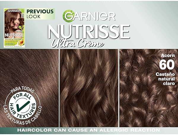 Garnier Nutrisse Ultra Crème Hair Color, Permanent Hair Dye with 100% Gray Coverage, Vegan & Cruelty-Free, 60 Light Natural Brown (Acorn), 2 Count - Image 5