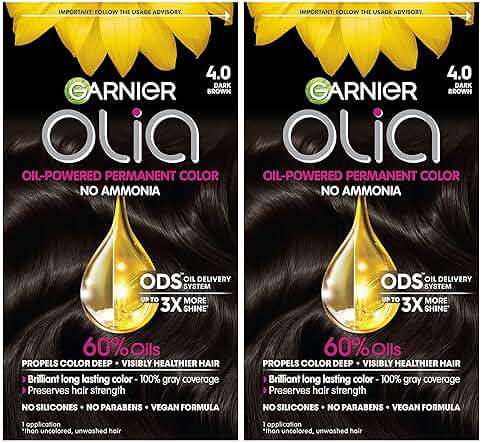 Garnier Olia Hair Color, Ammonia-Free Permanent Hair Dye, Oil-Powered Formula for 100% Gray Coverage and 3x Shinier Hair, Vegan & Cruelty Free, 4.0 Dark Brown, 2 Count - Image 1