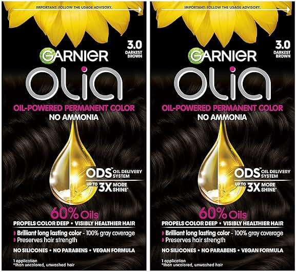 Garnier Olia Hair Color, Ammonia-Free Permanent Hair Dye, Oil-Powered Formula for 100% Gray Coverage and 3x Shinier Hair, Vegan & Cruelty Free, 3.0 Darkest Brown, 2 Count - Image 1