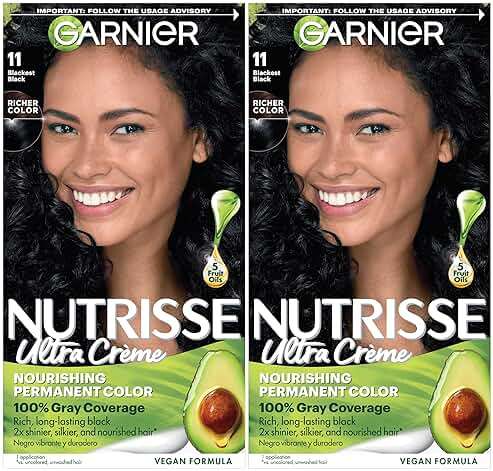 Garnier Nutrisse Ultra Crème Hair Color, Permanent Hair Dye with 100% Gray Coverage, Vegan & Cruelty-Free, 11 Blackest Black (Peppercorn), 2 Count - Image 1