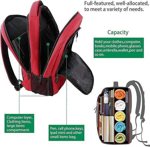MATEIN Laptop Backpack for Women, Water Resistant College School Bookbag Fits 15.6 Inch Computer for Student Supplies & Accessories, Anti Theft Sturdy Underseat Personal Item Travel Backpack, Red - Image 4