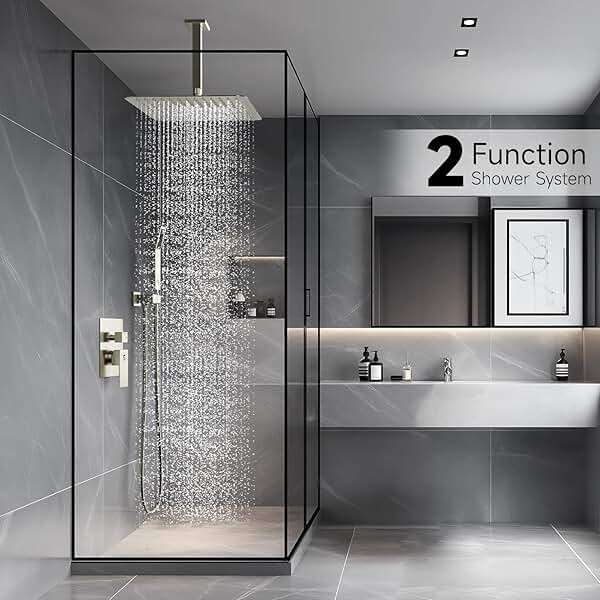 SR SUN RISE 12 Inch Ceiling Mount Brushed Nickel Shower System Bathroom Luxury Rain Mixer Shower Combo Set Ceiling Rainfall Shower Head System Faucet Trim Repair Kits with Rough-in Valve and Trim - Image 2