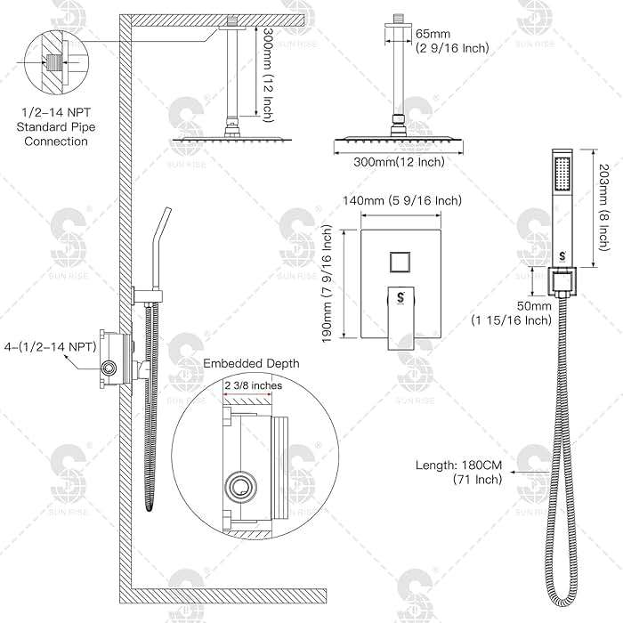 SR SUN RISE 12 Inch Ceiling Mount Brushed Nickel Shower System Bathroom Luxury Rain Mixer Shower Combo Set Ceiling Rainfall Shower Head System Faucet Trim Repair Kits with Rough-in Valve and Trim - Image 3