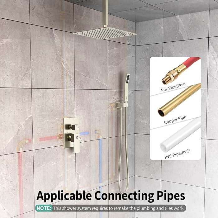 SR SUN RISE 12 Inch Ceiling Mount Brushed Nickel Shower System Bathroom Luxury Rain Mixer Shower Combo Set Ceiling Rainfall Shower Head System Faucet Trim Repair Kits with Rough-in Valve and Trim - Image 6