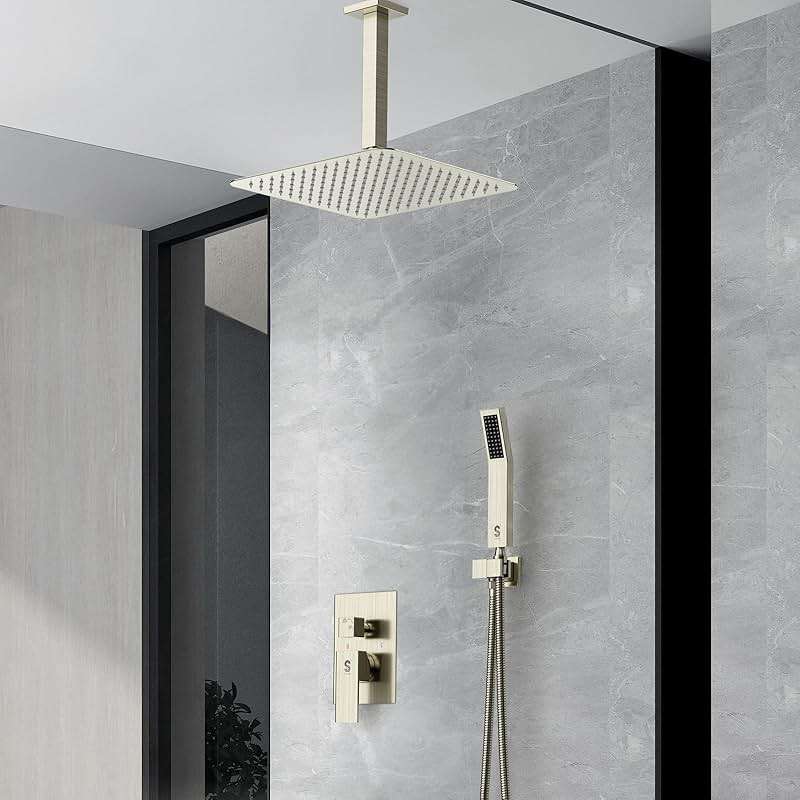 SR SUN RISE 12 Inch Ceiling Mount Brushed Nickel Shower System Bathroom Luxury Rain Mixer Shower Combo Set Ceiling Rainfall Shower Head System Faucet Trim Repair Kits with Rough-in Valve and Trim - Image 7