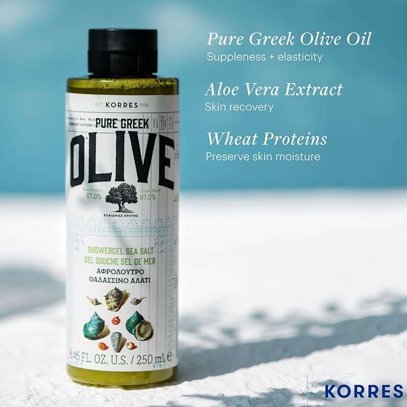 KORRES Pure Greek Olive Shower Gel, Sea Salt, 8.45 Fl Oz | With Cretan Olive Leaf Extract, Active Aloe & Wheat Proteins; foaming olive oil formula, 8.45 Fl Oz. - Image 5