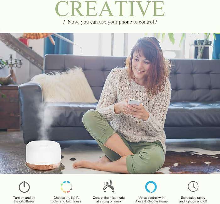 ASAKUKI Smart Wi-Fi Essential Oil Diffuser, App and Voice Control Compatible with Alexa, 500ml Aromatherapy Humidifier for Relaxing Atmosphere in Home Office Bedroom (Light Brown) - Image 2