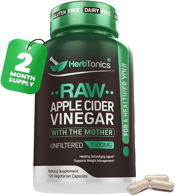 Herbtonics Raw Apple Cider Vinegar Capsules 1500mg with Mother | Weight Management, Detox & Digestion Formula with GLP-1 Support | Unfiltered ACV for Metabolic Support | 120 Vegan Capsules - Image 1