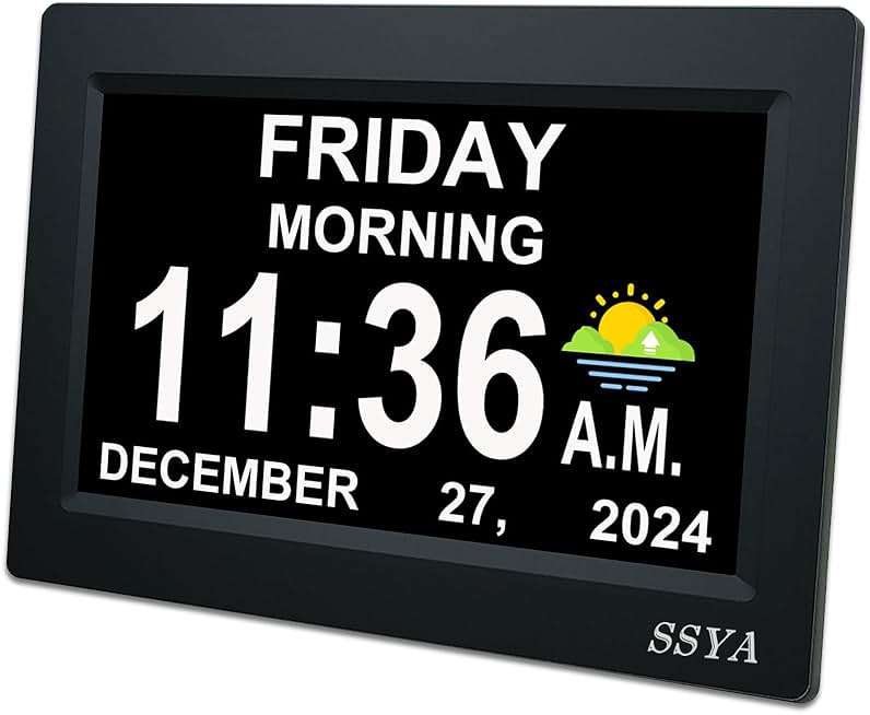 SSYA 7 Inch Calendar Clock - 12 Alarm Options, Level 5 Auto Dimmable Display,Extra Large Impaired Vision Digital Clock with Non-Abbreviated Day & Month (Black) - Image 1