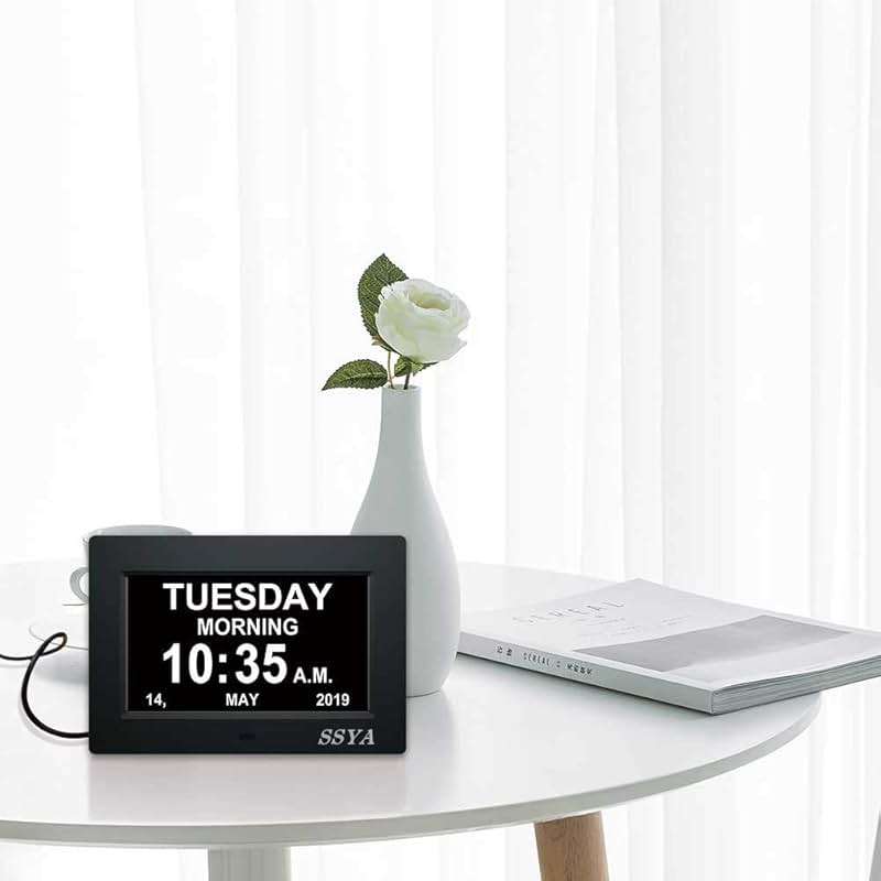 SSYA 7 Inch Calendar Clock - 12 Alarm Options, Level 5 Auto Dimmable Display,Extra Large Impaired Vision Digital Clock with Non-Abbreviated Day & Month (Black) - Image 2