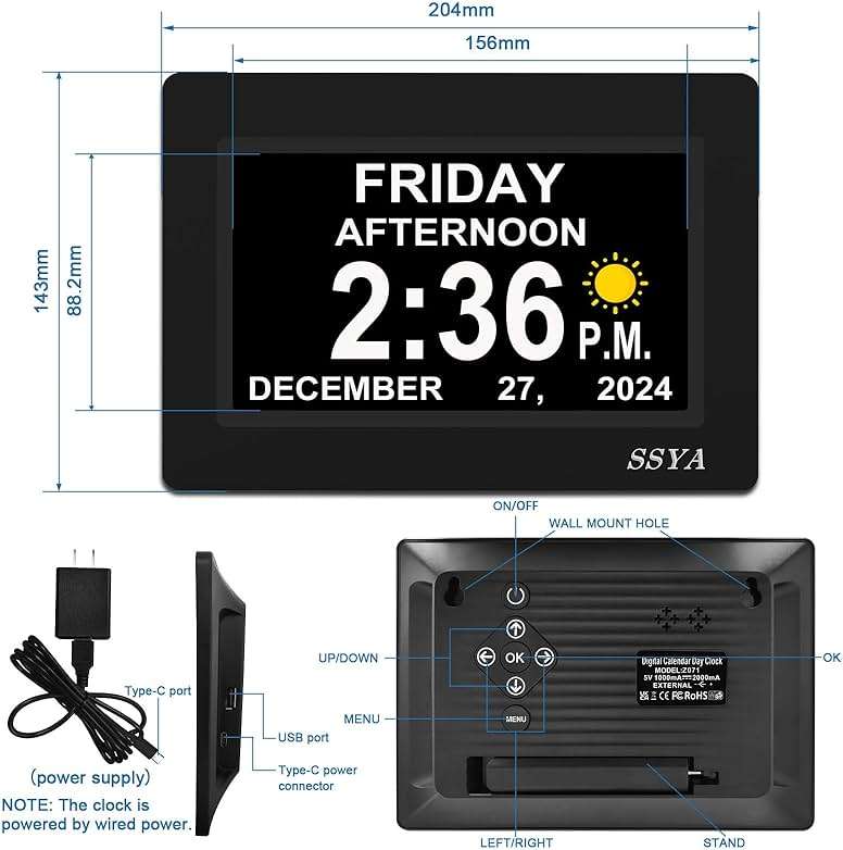 SSYA 7 Inch Calendar Clock - 12 Alarm Options, Level 5 Auto Dimmable Display,Extra Large Impaired Vision Digital Clock with Non-Abbreviated Day & Month (Black) - Image 3