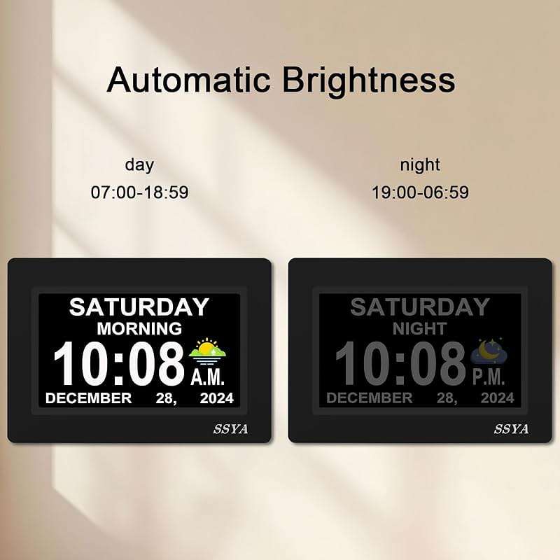 SSYA 7 Inch Calendar Clock - 12 Alarm Options, Level 5 Auto Dimmable Display,Extra Large Impaired Vision Digital Clock with Non-Abbreviated Day & Month (Black) - Image 4