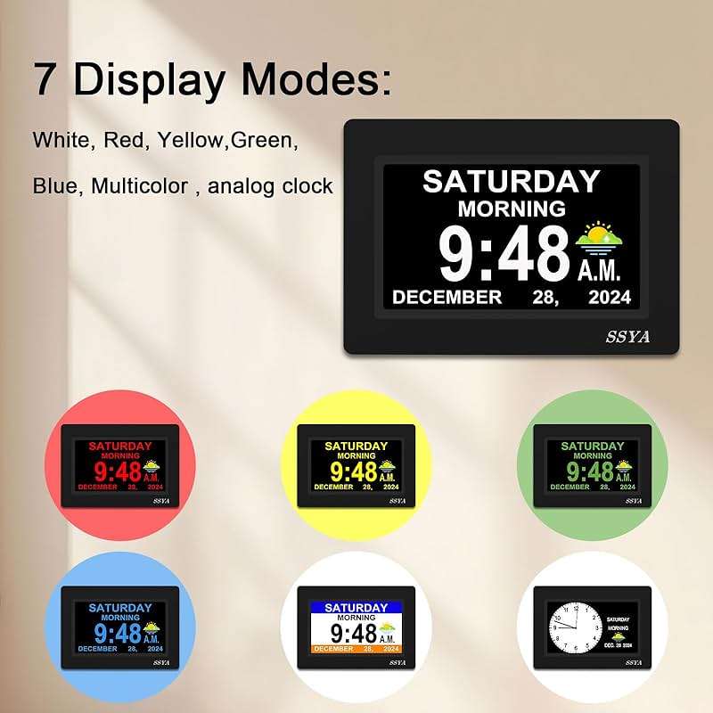 SSYA 7 Inch Calendar Clock - 12 Alarm Options, Level 5 Auto Dimmable Display,Extra Large Impaired Vision Digital Clock with Non-Abbreviated Day & Month (Black) - Image 5
