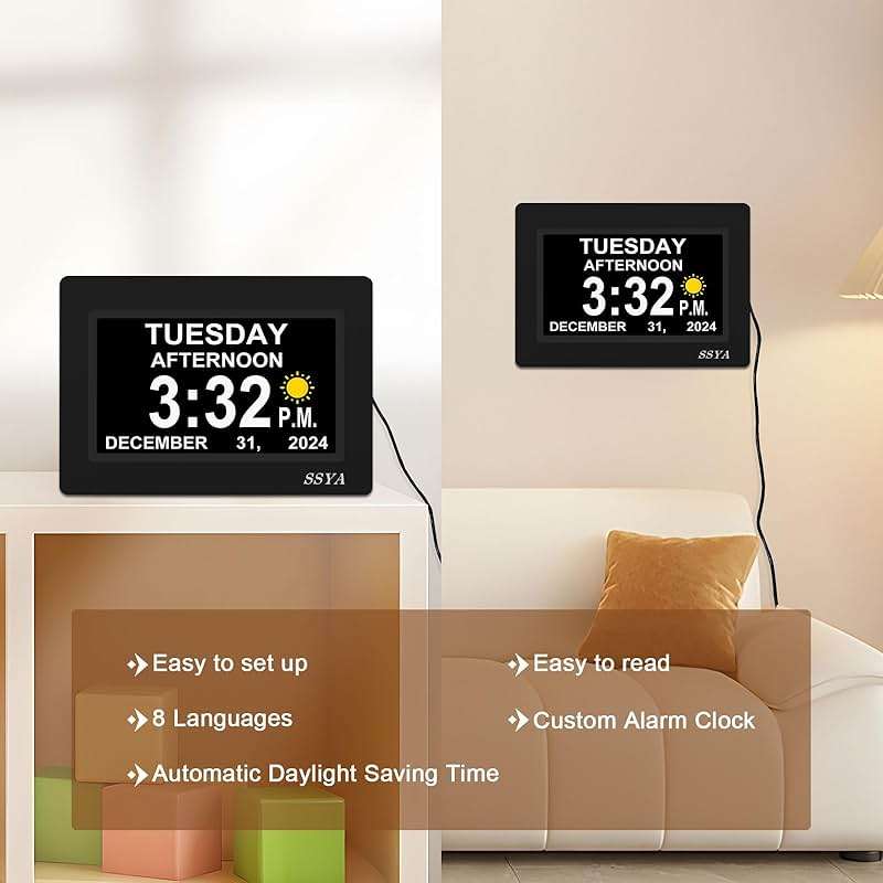 SSYA 7 Inch Calendar Clock - 12 Alarm Options, Level 5 Auto Dimmable Display,Extra Large Impaired Vision Digital Clock with Non-Abbreviated Day & Month (Black) - Image 6