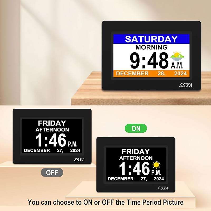 SSYA 7 Inch Calendar Clock - 12 Alarm Options, Level 5 Auto Dimmable Display,Extra Large Impaired Vision Digital Clock with Non-Abbreviated Day & Month (Black) - Image 8