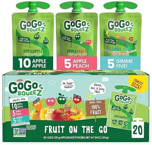 GoGo squeeZ No Sugar Added Applesauce and Fruit Puree Variety Pack, Apple, Peach & Gimme Five!, 3.2 oz Pouches (Pack of 20), Fruit Snacks for Kids, Gluten Free, Nut Free, Recloseable Cap, BPA Free - Image 1