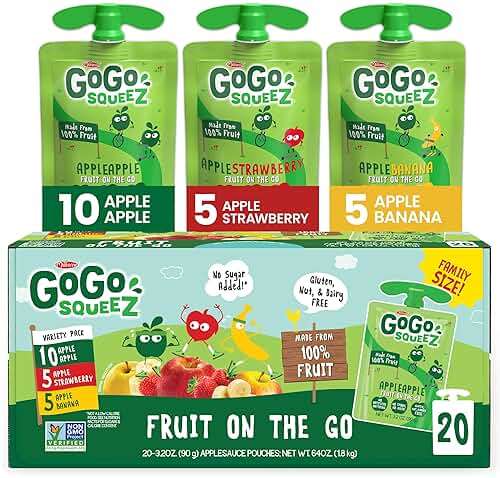 GoGo squeeZ No Sugar Added Applesauce and Fruit Puree Variety Pack, Apple, Banana & Strawberry, 3.2 oz Pouches (Pack of 20), Fruit Snacks for Kids, Gluten Free, Nut Free, Recloseable Cap, BPA Free - Image 1