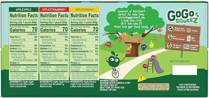 GoGo squeeZ No Sugar Added Applesauce and Fruit Puree Variety Pack, Apple, Banana & Strawberry, 3.2 oz Pouches (Pack of 20), Fruit Snacks for Kids, Gluten Free, Nut Free, Recloseable Cap, BPA Free - Image 2
