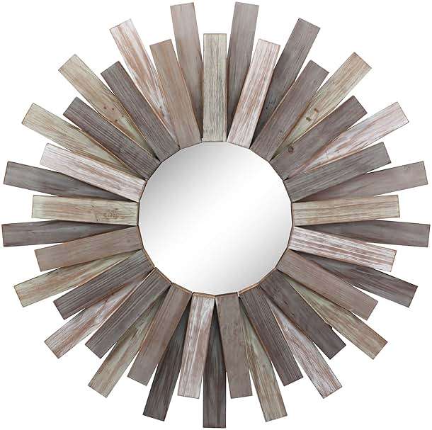Stonebriar Large Round 32" Wooden Sunburst Wall Mirror with Attached Hanging Bracket, Decorative Rustic Decor for the Living Room, Bathroom, Bedroom, and Entryway, Multi Color - Image 1