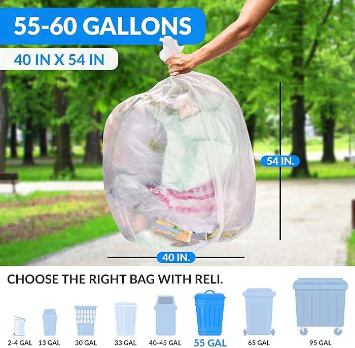Reli. 55-60 Gallon Trash Bags Heavy Duty | 150 Trash Bags with Ties | Super Sizeable, Clear, Serious Garbage Cleanup - Image 2