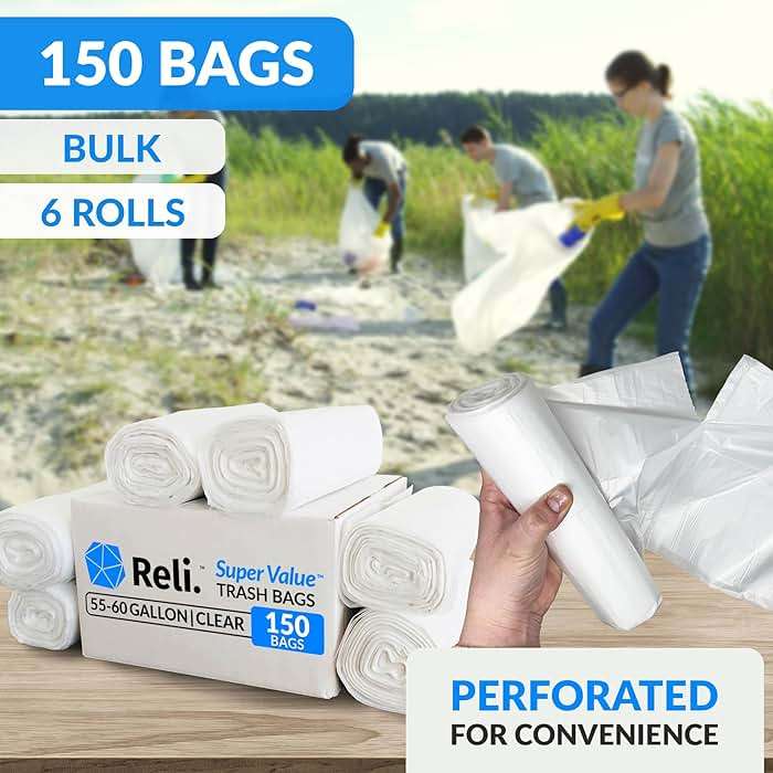 Reli. 55-60 Gallon Trash Bags Heavy Duty | 150 Trash Bags with Ties | Super Sizeable, Clear, Serious Garbage Cleanup - Image 3
