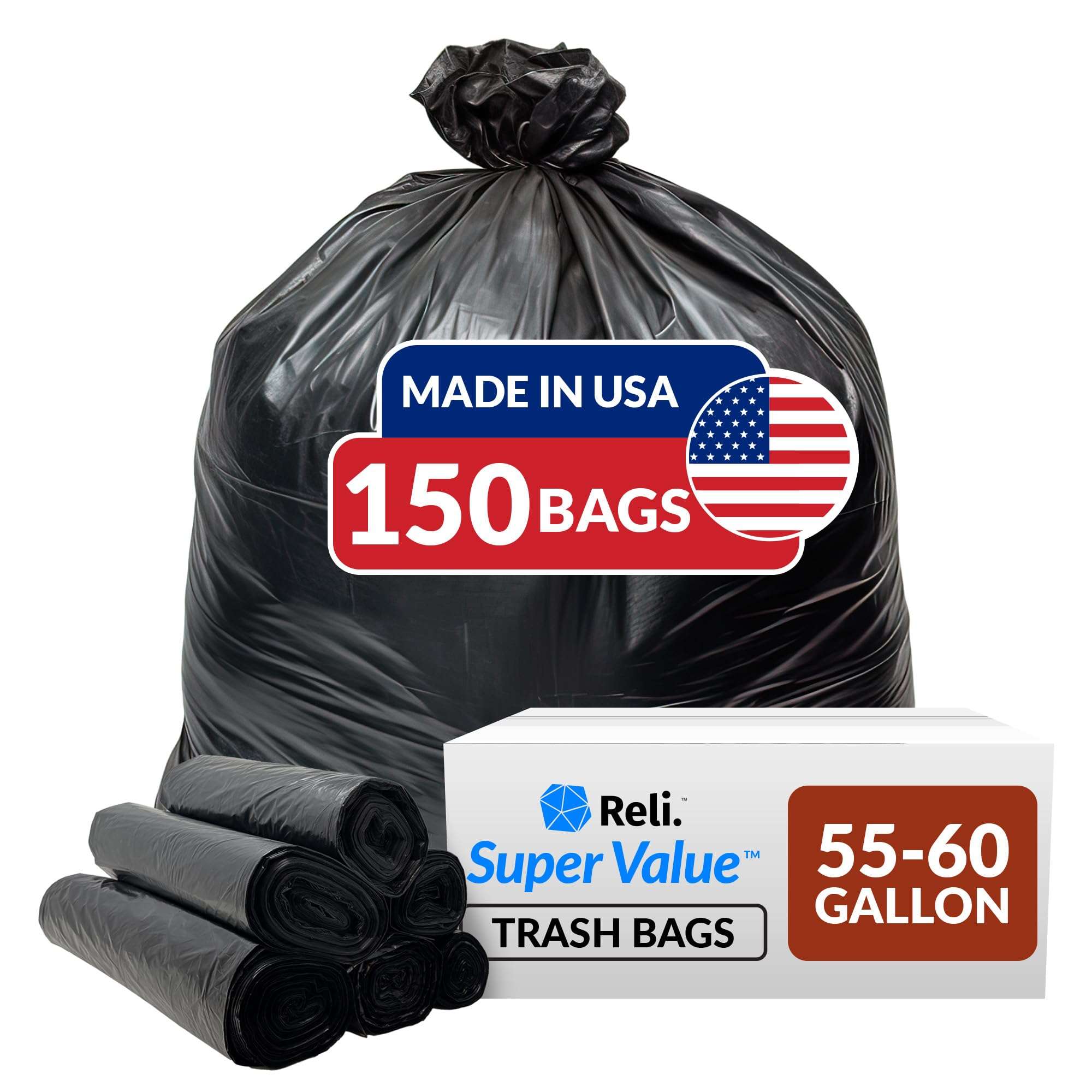 Reli. 55-60 Gallon Trash Bags Heavy Duty | 150 Count | 50-60 Gallon | Large Black Garbage Bags | Made in USA - Image 1