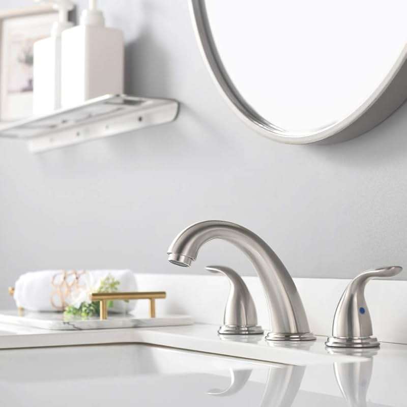 Phiestina 8 Inch 2 Handles 3 Holes Deck Mount Brushed Nickel Widespread Bathroom Faucet, with Stainless Steel Pop Up Drain, WF008-5-BN - Image 2