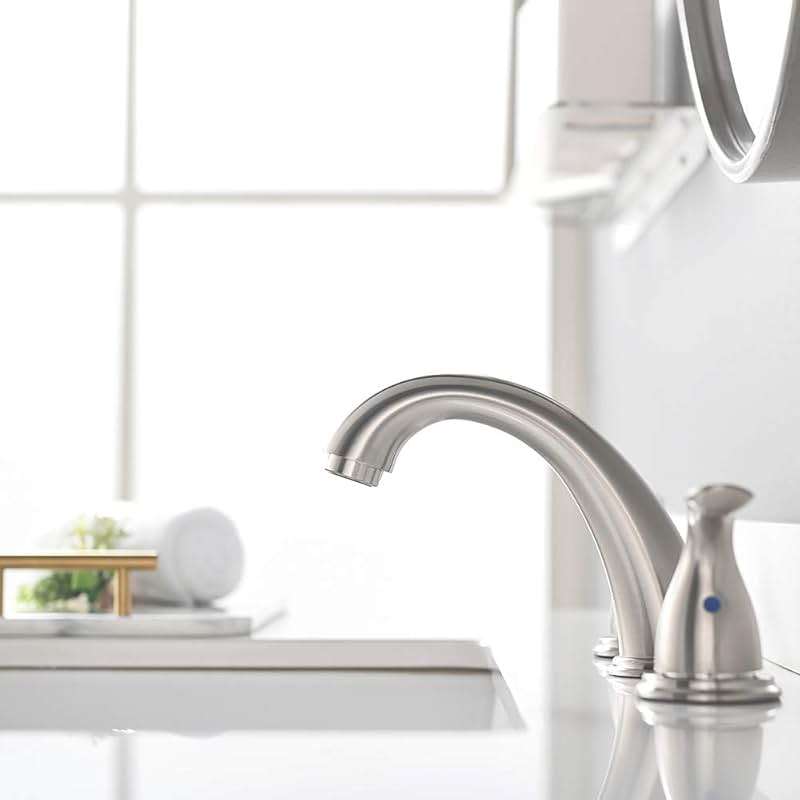 Phiestina 8 Inch 2 Handles 3 Holes Deck Mount Brushed Nickel Widespread Bathroom Faucet, with Stainless Steel Pop Up Drain, WF008-5-BN - Image 3