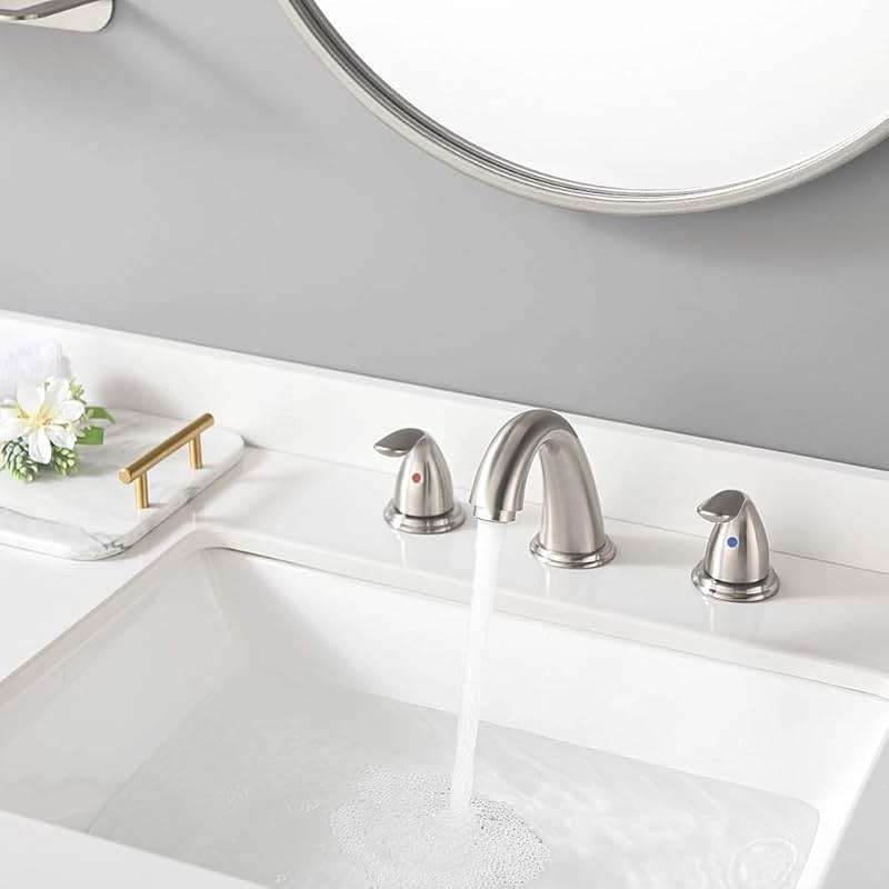 Phiestina 8 Inch 2 Handles 3 Holes Deck Mount Brushed Nickel Widespread Bathroom Faucet, with Stainless Steel Pop Up Drain, WF008-5-BN - Image 4