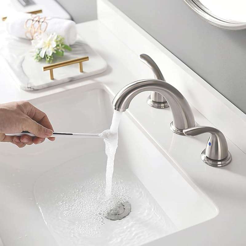Phiestina 8 Inch 2 Handles 3 Holes Deck Mount Brushed Nickel Widespread Bathroom Faucet, with Stainless Steel Pop Up Drain, WF008-5-BN - Image 5