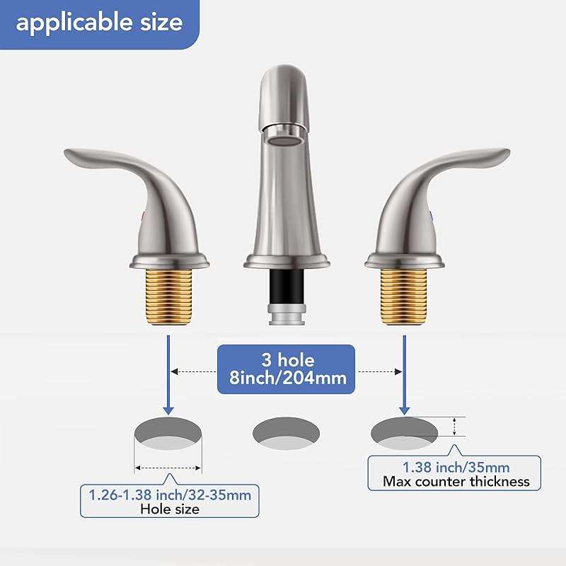 Phiestina 8 Inch 2 Handles 3 Holes Deck Mount Brushed Nickel Widespread Bathroom Faucet, with Stainless Steel Pop Up Drain, WF008-5-BN - Image 7