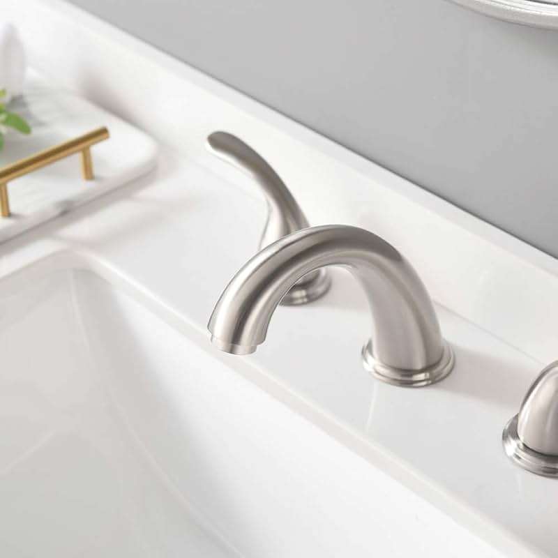 Phiestina 8 Inch 2 Handles 3 Holes Deck Mount Brushed Nickel Widespread Bathroom Faucet, with Stainless Steel Pop Up Drain, WF008-5-BN - Image 8