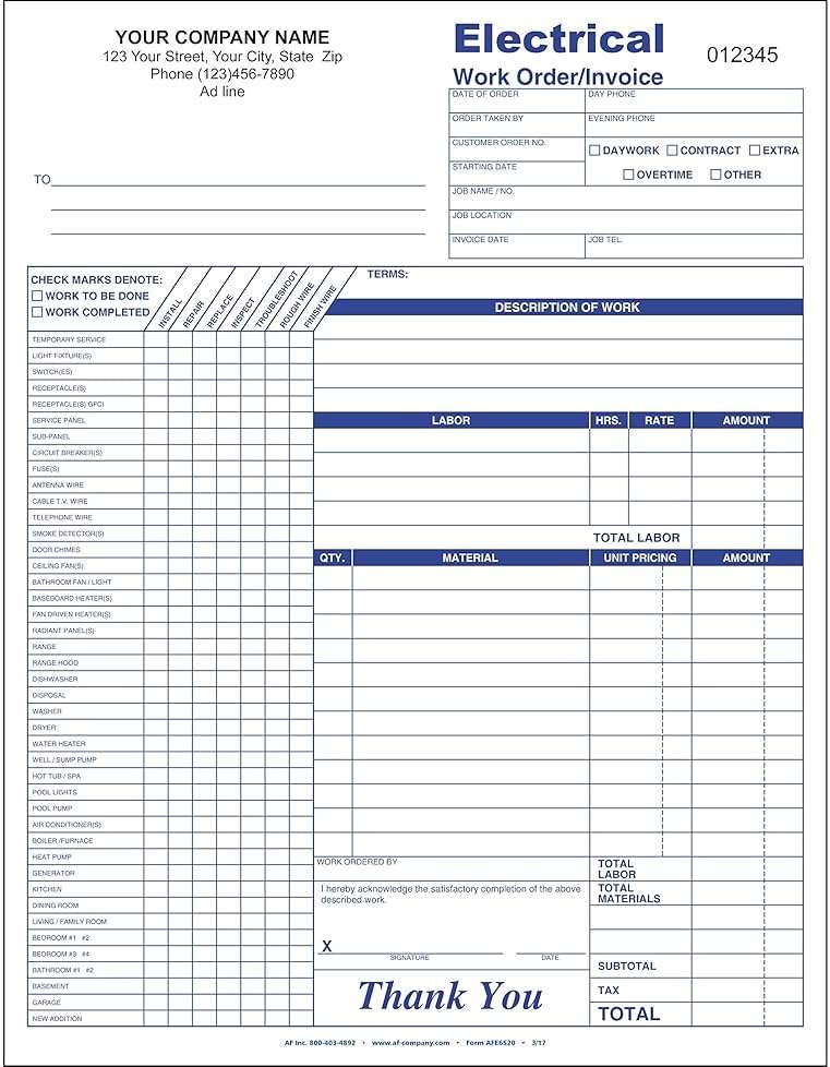 Electrical Service Order/Invoice, 3 Copy (Triplicate), 8.5"x11" - Personalized for Free (100 Forms) - Image 1
