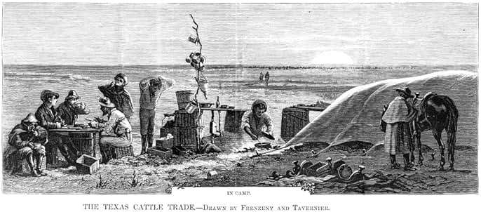 Texas Cattle Trade 1874 Ntrail Drivers Making Camp In Kansas On Their Way To Wichita From Texas Wood Engraving American 1874 Poster Print by (24 x 36) - Image 1