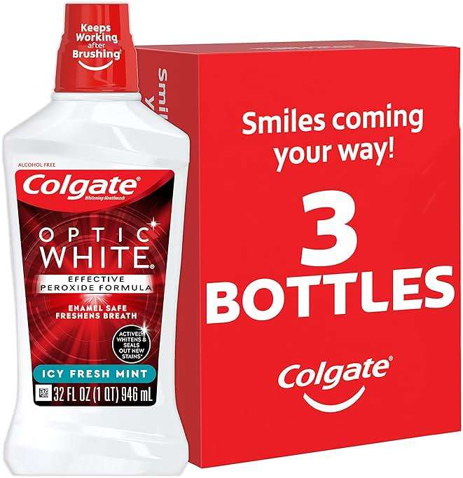 Colgate Optic White Advanced Teeth Whitening Mouthwash, 3 Pack, 2% Hydrogen Peroxide, Alcohol-Free and Enamel Safe, ICY Fresh Mint, 32 Oz - Image 1