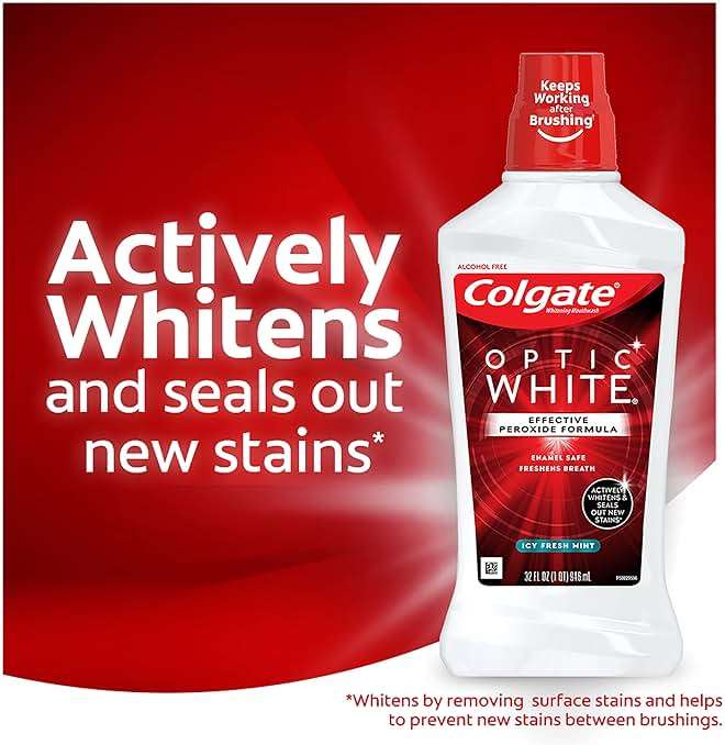 Colgate Optic White Advanced Teeth Whitening Mouthwash, 3 Pack, 2% Hydrogen Peroxide, Alcohol-Free and Enamel Safe, ICY Fresh Mint, 32 Oz - Image 2