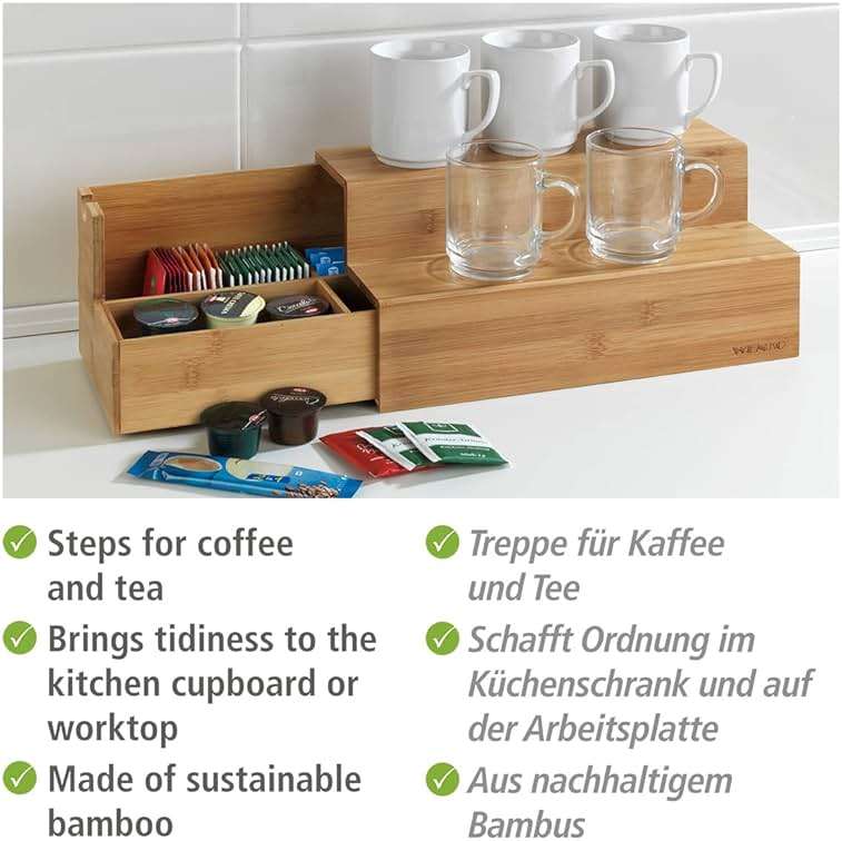 WENKO Bamboo Tea Bag Organizer with Drawer, Tea Bag Storage Container, Coffee and Tea Caddy for Kitchen, Tea Station, Tea Bag Holder, Coffee Bar Accessories and Organizer, 13 x 6.7 x 5.9 in - Image 5