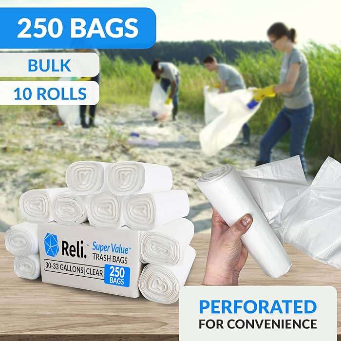 Reli. 30-33 Gallon Trash Bags Heavy Duty | 250 Trash Bags with Ties | Super Sizeable, Clear, Serious Garbage Cleanup - Image 3