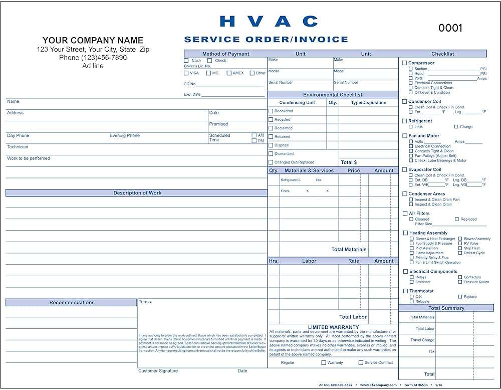 HVAC Service Order/Invoice, 3 Copy Triplicate, 11"x8.5" - Personalized for Free (100 Forms) - Image 1