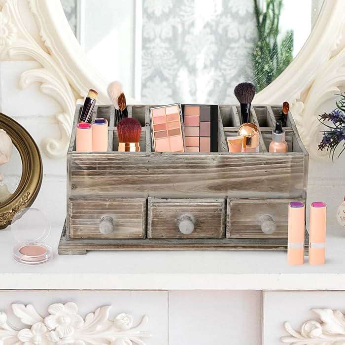 Besti Rustic Vanity Organizer for Cosmetics, Makeup, and Bathroom Accessories, Wooden Farmhouse Storage Box with 3 Drawers, Vintage Countertop, Dresser, or Desk Organization - Image 2